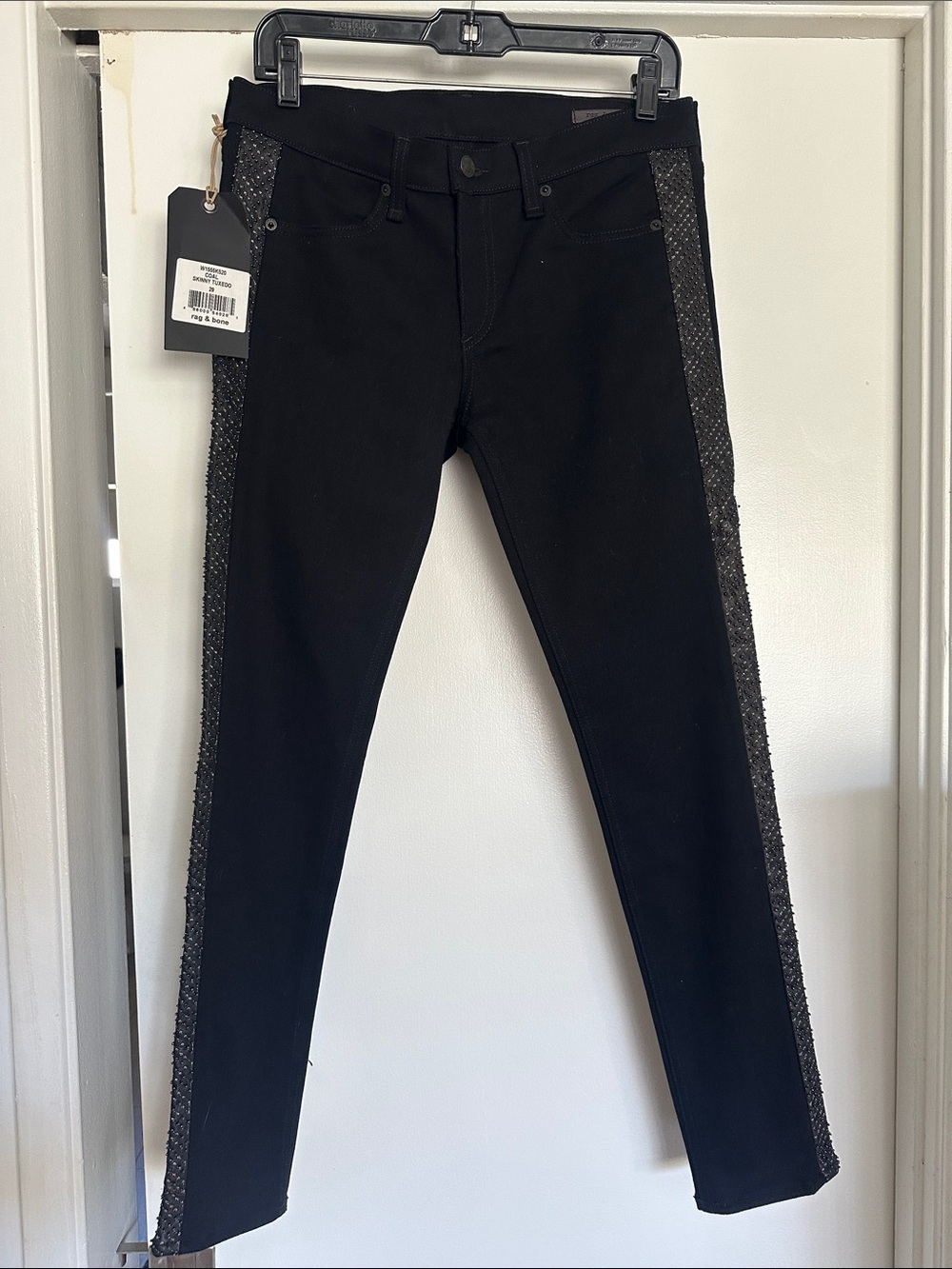 rag & bone Black Skinny Tuxedo Jeans with Textured Side Panels